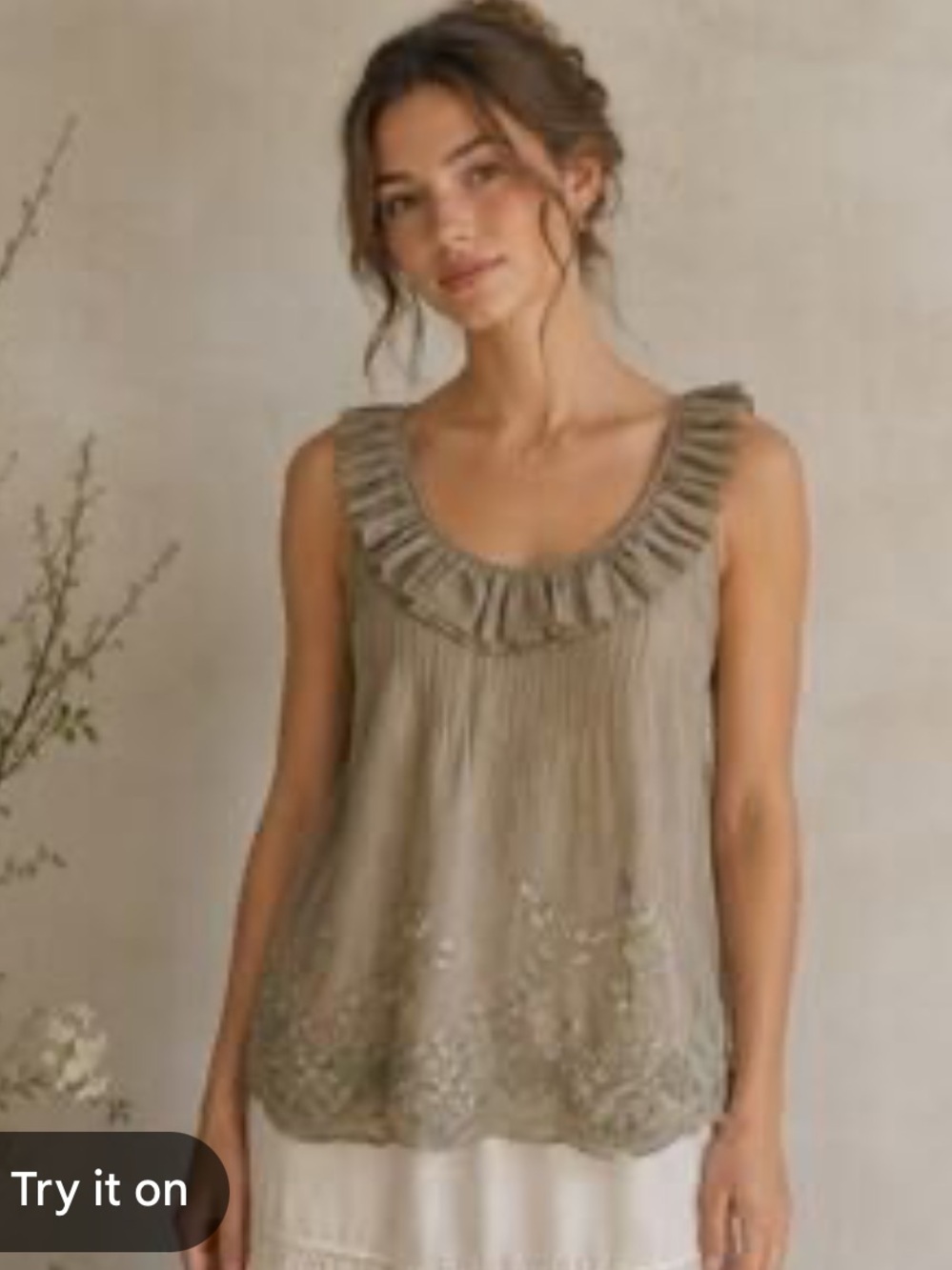 Alberto Makali Silk Embroidered Taupe Ruffle-Neck Camisole Blouse sz XL